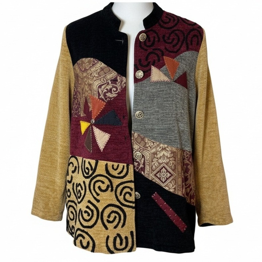 Indigo Moon Women Jacket Med‎ Multicolor Patchwork Boho Textured Button Front